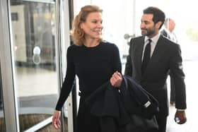 Newcastle United’s new director Amanda Staveley (L) and husband Mehrdad Ghodoussi (R) leave the foyer of St James’ Park in Newcastle upon Tyne in northeast England on October 8, 2021, after the sale of the football club to a Saudi-led consortium was confirmed the previous day. 