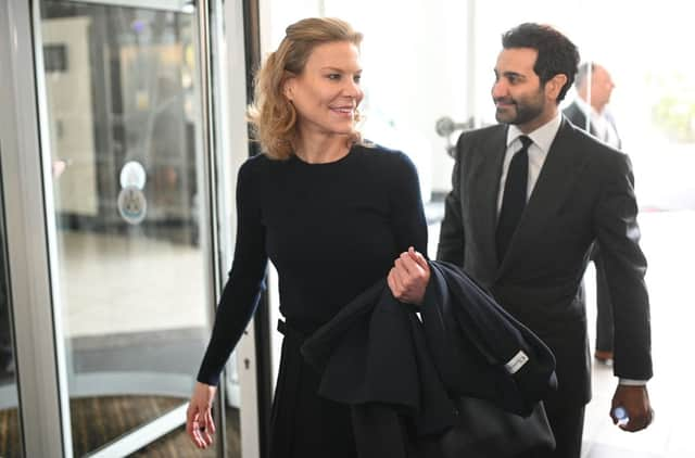 Newcastle United’s new director Amanda Staveley (L) and husband Mehrdad Ghodoussi (R) leave the foyer of St James’ Park in Newcastle upon Tyne in northeast England on October 8, 2021, after the sale of the football club to a Saudi-led consortium was confirmed the previous day. 