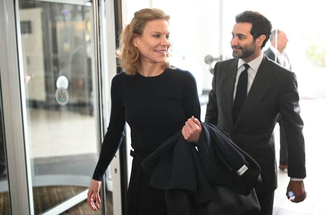 <p>Newcastle United’s new director Amanda Staveley (L) and husband Mehrdad Ghodoussi (R) leave the foyer of St James’ Park in Newcastle upon Tyne in northeast England on October 8, 2021, after the sale of the football club to a Saudi-led consortium was confirmed the previous day. </p>
