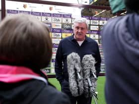 Steve Bruce, Manager of Newcastle United is interviewed by the media prior to the Premier League match between Watford and Newcastle United at Vicarage Road on September 25, 2021 in Watford, England.