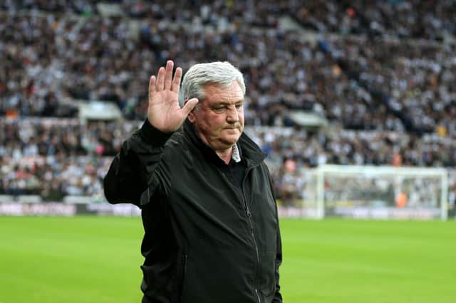 Steve Bruce, Manager of Newcastle United waves during the Premier League match between Newcastle United and Tottenham Hotspur at St. James Park on October 17, 2021 in Newcastle upon Tyne, England.
