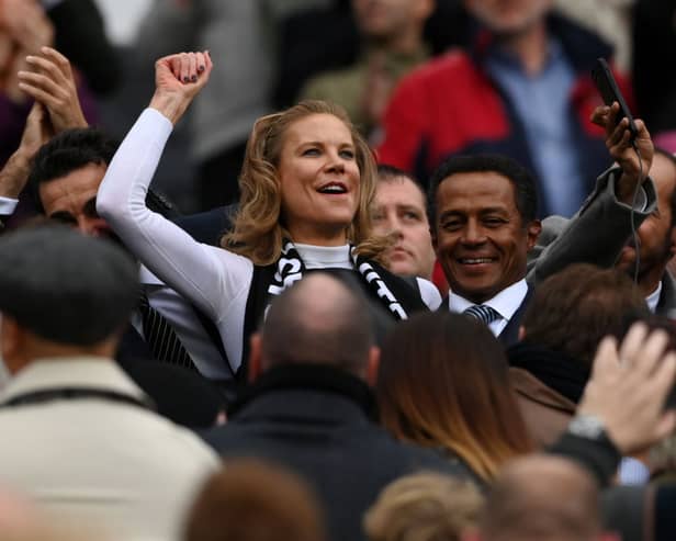 Amanda Staveley, Part-Owner of Newcastle United smiles as they are introduced to the fans prior to the Premier League match between Newcastle United and Tottenham Hotspur at St. James Park on October 17, 2021 in Newcastle upon Tyne, England. 