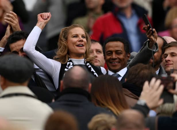 <p>Amanda Staveley, Part-Owner of Newcastle United smiles as they are introduced to the fans prior to the Premier League match between Newcastle United and Tottenham Hotspur at St. James Park on October 17, 2021 in Newcastle upon Tyne, England. </p>