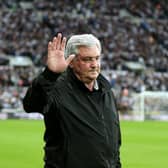 Steve Bruce, Manager of Newcastle United waves during the Premier League match between Newcastle United and Tottenham Hotspur at St. James Park on October 17, 2021 in Newcastle upon Tyne, England.