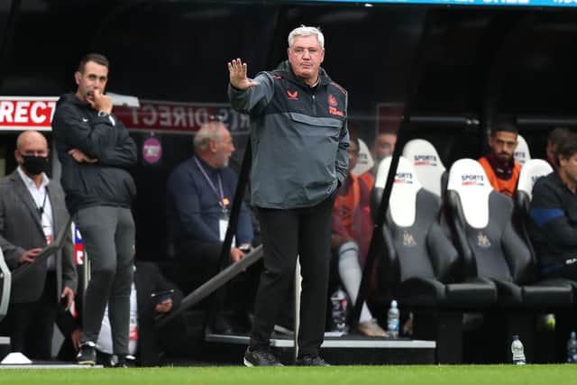 Steve Bruce, Manager of Newcastle United reacts as he gives instructions during the Premier League match between Newcastle United  and  West Ham United at St. James Park on August 15, 2021 in Newcastle upon Tyne, England. 