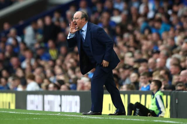 Rafael Benitez, Manager of Everton gives their team instructions  during the Premier League match between Everton and Norwich City at Goodison Park on September 25, 2021 in Liverpool, England. 