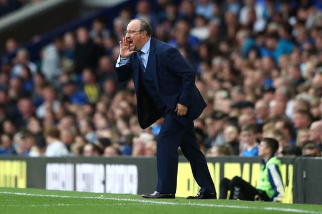 Rafael Benitez, Manager of Everton gives their team instructions  during the Premier League match between Everton and Norwich City at Goodison Park on September 25, 2021 in Liverpool, England. 