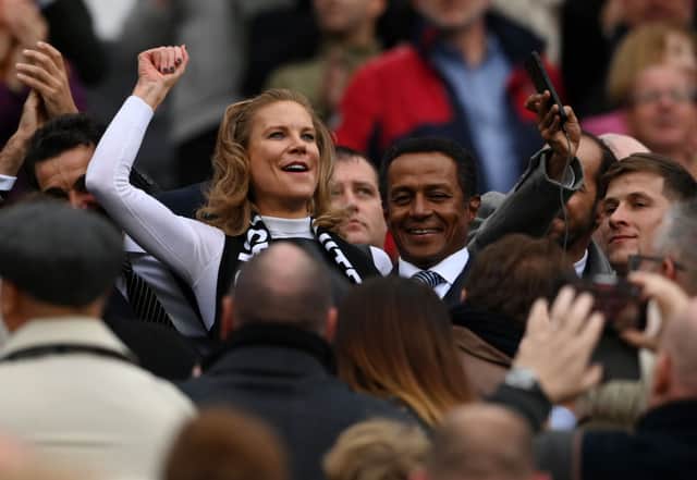 Amanda Staveley, Part-Owner of Newcastle United smiles as they are introduced to the fans prior to the Premier League match between Newcastle United and Tottenham Hotspur at St. James Park on October 17, 2021 in Newcastle upon Tyne, England. 