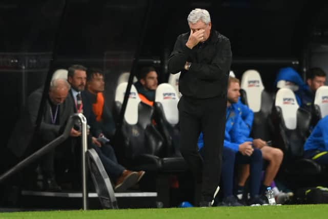Newcastle manager Steve Bruce reacts on the touchline during the Premier League match between Newcastle United and Tottenham Hotspur at St. James Park on October 17, 2021 in Newcastle upon Tyne, England.
