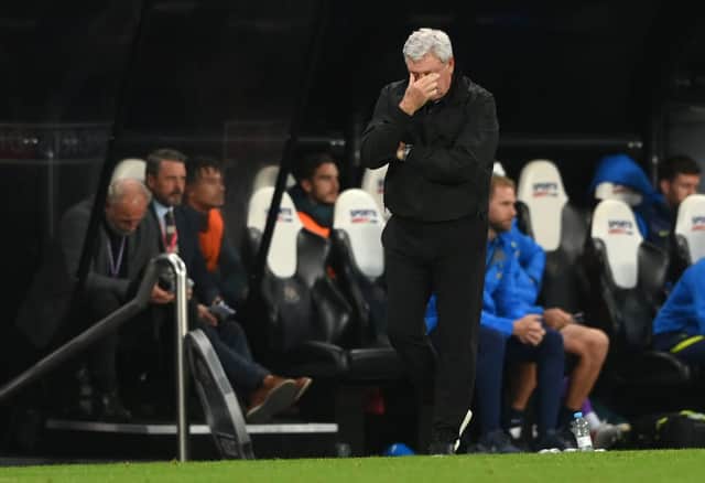 Newcastle manager Steve Bruce reacts on the touchline during the Premier League match between Newcastle United and Tottenham Hotspur at St. James Park on October 17, 2021 in Newcastle upon Tyne, England.