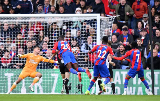 Christian Benteke of Crystal Palace scores their side’s first goal past Karl Darlow of Newcastle United during the Premier League match between Crystal Palace and Newcastle United at Selhurst Park on October 23, 2021 in London, England. 