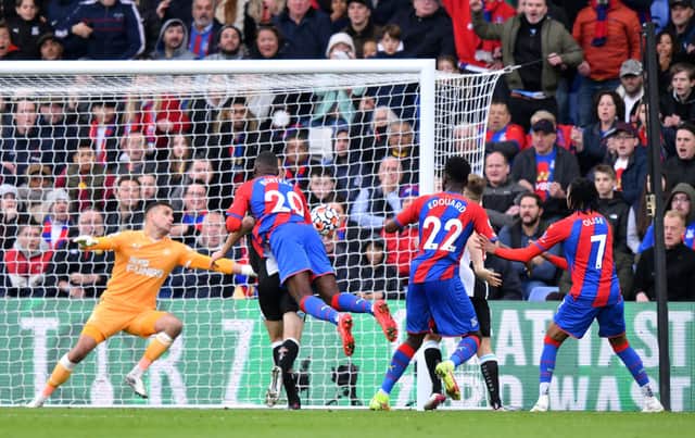 Christian Benteke of Crystal Palace scores their side’s first goal past Karl Darlow of Newcastle United during the Premier League match between Crystal Palace and Newcastle United at Selhurst Park on October 23, 2021 in London, England.