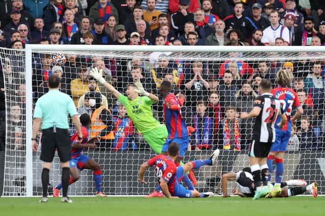 Vicente Guaita of Crystal Palace fails to save the Newcastle United first goal scored by Callum Wilson during the Premier League match between Crystal Palace and Newcastle United at Selhurst Park on October 23, 2021 in London, England.