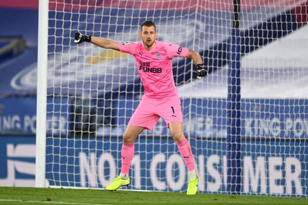 Martin Dubravka of Newcastle United gives their team instructions during the Premier League match between Leicester City and Newcastle United at The King Power Stadium on May 07, 2021 in Leicester, England. 