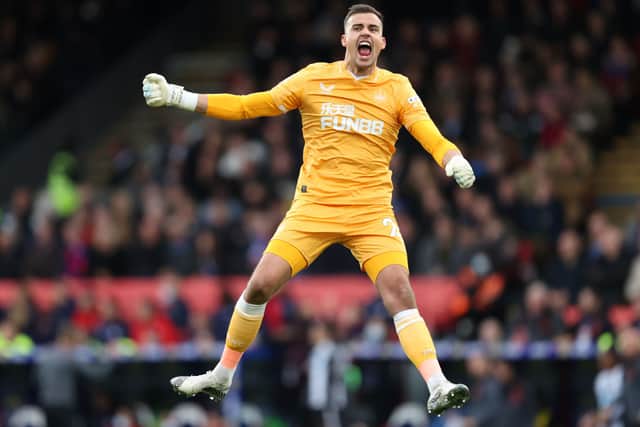 Karl Darlow of Newcastle United celebrates after their side’s first goal scored by Callum Wilson (Not pictured) during the Premier League match between Crystal Palace and Newcastle United at Selhurst Park on October 23, 2021 in London, England. 