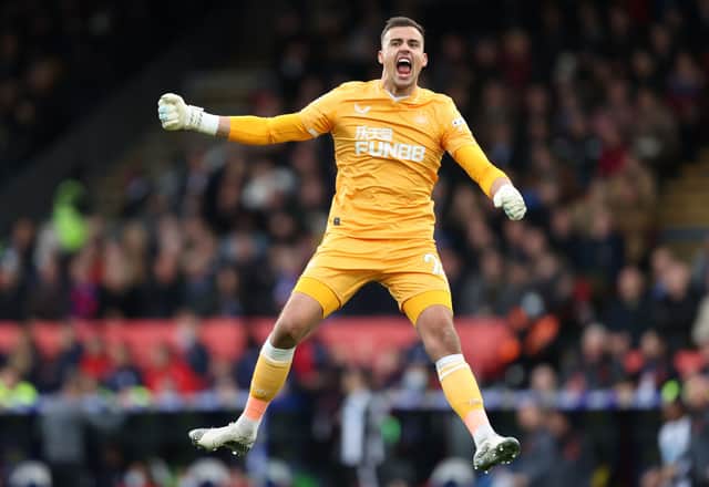 Karl Darlow of Newcastle United celebrates after their side’s first goal scored by Callum Wilson (Not pictured) during the Premier League match between Crystal Palace and Newcastle United at Selhurst Park on October 23, 2021 in London, England. 