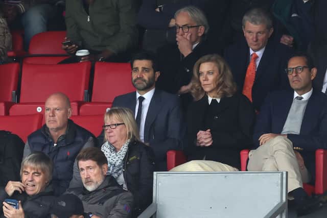 Yasir Al-Rumayyan (L) the chairman and owner of Newcastle United, Amanda Staveley (C) watch on during the Premier League match between Crystal Palace and Newcastle United at Selhurst Park on October 23, 2021 in London, England. 