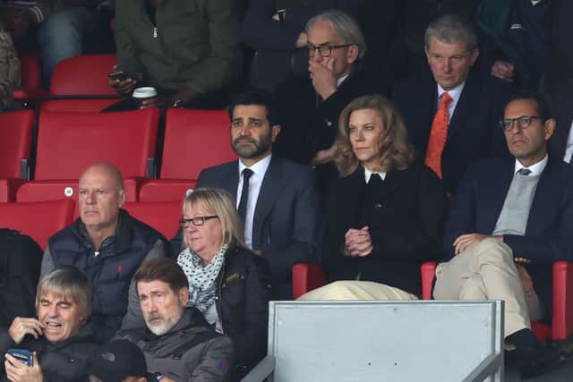 Yasir Al-Rumayyan (L) the chairman and owner of Newcastle United, Amanda Staveley (C) watch on during the Premier League match between Crystal Palace and Newcastle United at Selhurst Park on October 23, 2021 in London, England.