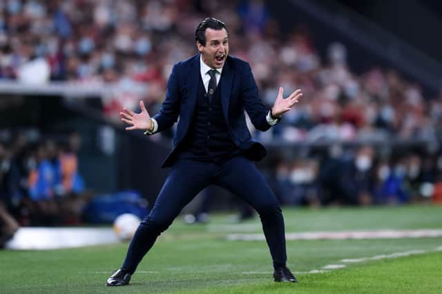 Unai Emery, Head Coach of Villarreal CF reacts during the LaLiga Santander match between Athletic Club and Villarreal CF at San Mames Stadium on October 23, 2021 in Bilbao, Spain. 