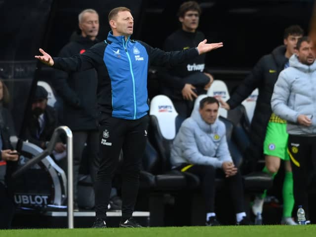 Assistant Head Coach Graeme Jones reacts from the technical area during the Premier League match between Newcastle United and Chelsea at St. James Park on October 30, 2021 in Newcastle upon Tyne, England. 