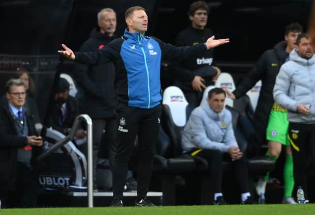 <p>Assistant Head Coach Graeme Jones reacts from the technical area during the Premier League match between Newcastle United and Chelsea at St. James Park on October 30, 2021 in Newcastle upon Tyne, England. </p>