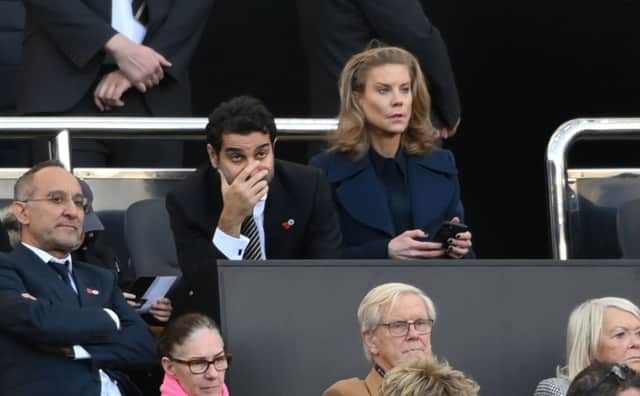 Amanda Staveley with her husband Mehrdad Ghodoussi react as the watch from the Directors Box during the Premier League match between Newcastle United and Chelsea at St. James Park on October 30, 2021 in Newcastle upon Tyne, England. 