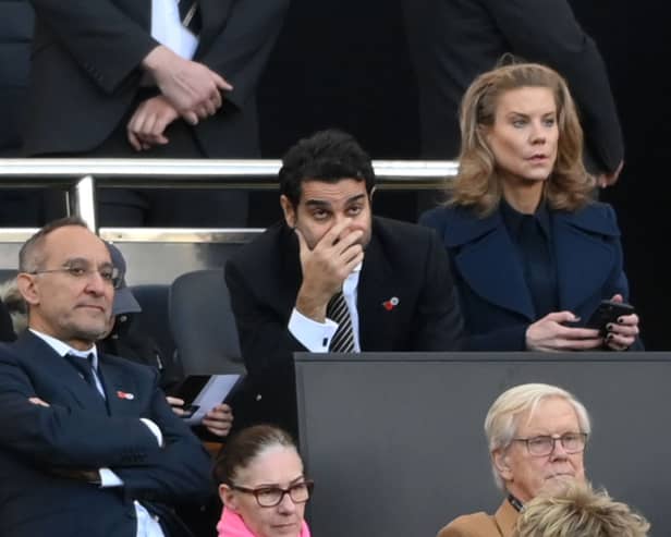 Amanda Staveley with her husband Mehrdad Ghodoussi react as the watch from the Directors Box during the Premier League match between Newcastle United and Chelsea at St. James Park on October 30, 2021 in Newcastle upon Tyne, England. 