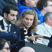 Newcastle United directors Mehrdad Ghodoussi (2R) and Amanda Staveley (R) in the stands during the English Premier League football match between Newcastle United and Chelsea at St James’ Park in Newcastle-upon-Tyne, north east England on October 30, 2021. 