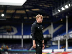 Eddie Howe, then manager of AFC Bournemouth walks off dejected at the final whistle as it is confirmed Bournemouth are relegated from the Premier League following during the Premier League match between Everton FC and AFC Bournemouth at Goodison Park on July 26, 2020 in Liverpool, England. 