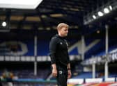 Eddie Howe, then manager of AFC Bournemouth walks off dejected at the final whistle as it is confirmed Bournemouth are relegated from the Premier League following during the Premier League match between Everton FC and AFC Bournemouth at Goodison Park on July 26, 2020 in Liverpool, England. 