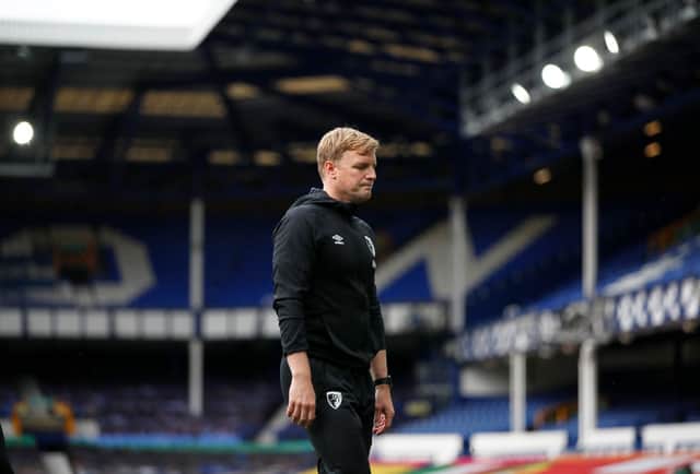 Eddie Howe, then manager of AFC Bournemouth walks off dejected at the final whistle as it is confirmed Bournemouth are relegated from the Premier League following during the Premier League match between Everton FC and AFC Bournemouth at Goodison Park on July 26, 2020 in Liverpool, England.