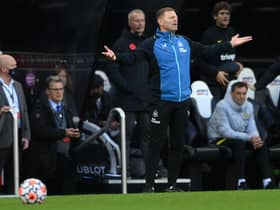 Interim manager Graeme Jones reacts from the technical area during the Premier League match between Newcastle United and Chelsea at St. James Park on October 30, 2021 in Newcastle upon Tyne, England. 