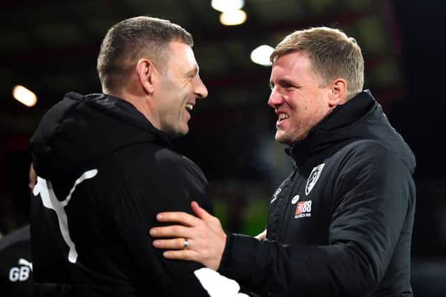 Graeme Jones, Manager of Luton Town embraces Eddie Howe, Manager of AFC Bournemouth prior to the FA Cup Third Round match between AFC Bournemouth and Luton Town at Vitality Stadium on January 04, 2020 in Bournemouth, England.