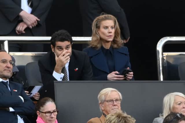 Amanda Staveley with her husband Mehrdad Ghodoussi react as the watch from the Directors Box during the Premier League match between Newcastle United and Chelsea at St. James Park on October 30, 2021 in Newcastle upon Tyne, England.