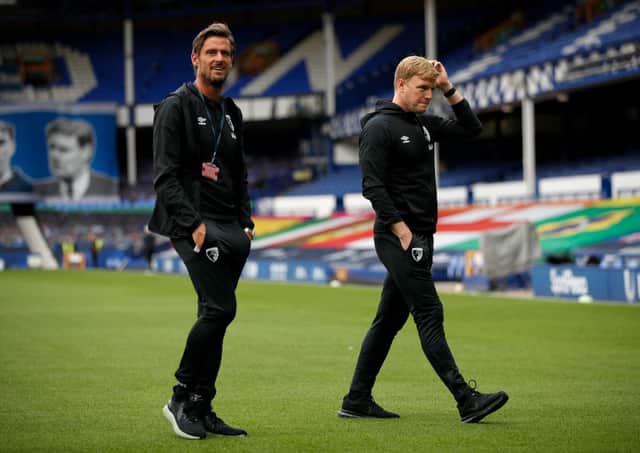 Eddie Howe, Manager of AFC Bournemouth and Jason Tindall, Assistant Manager of AFC Bournemouth inspect the pitch prior to the Premier League match between Everton FC and AFC Bournemouth  at Goodison Park on July 26, 2020 in Liverpool, England. 