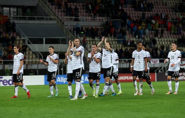 Niklas Sule of Germany leads his teammates as they applaud the fans after the 2022 FIFA World Cup Qualifier match between North Macedonia and Germany at National Arena Todor Proeski on October 11, 2021 in Skopje, Macedonia.