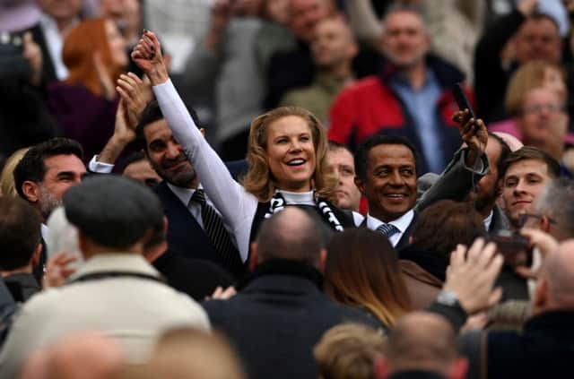 Amanda Staveley, Part-Owner of Newcastle United smiles as they are introduced to the fans prior to the Premier League match between Newcastle United and Tottenham Hotspur at St. James Park on October 17, 2021 in Newcastle upon Tyne, England. 