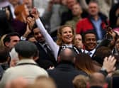 Amanda Staveley, Part-Owner of Newcastle United smiles as they are introduced to the fans prior to the Premier League match between Newcastle United and Tottenham Hotspur at St. James Park on October 17, 2021 in Newcastle upon Tyne, England.