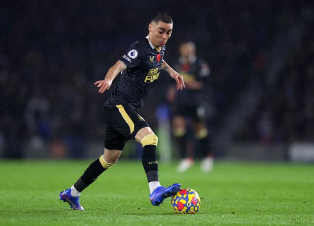 Miguel Almiron of Newcastle United during the Premier League match between Brighton & Hove Albion and Newcastle United at American Express Community Stadium on November 06, 2021 in Brighton, England. 