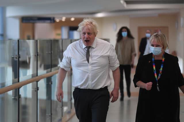 Boris Johnson without his mask in Hexham yesterday (Image: Getty Images)