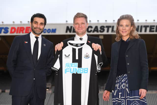 New Newcastle Head Coach Eddie Howe (c) pictured at his unveiling press conference with Directors Amanda Staveley and Mehrdad Ghodoussi at St. James Park on November 10, 2021 in Newcastle upon Tyne, England. 