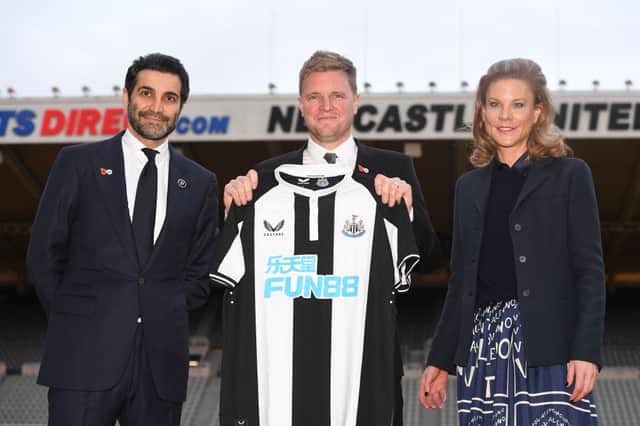 New Newcastle Head Coach Eddie Howe (c) pictured at his unveiling press conference with Directors Amanda Staveley and Mehrdad Ghodoussi at St. James Park on November 10, 2021 in Newcastle upon Tyne, England.