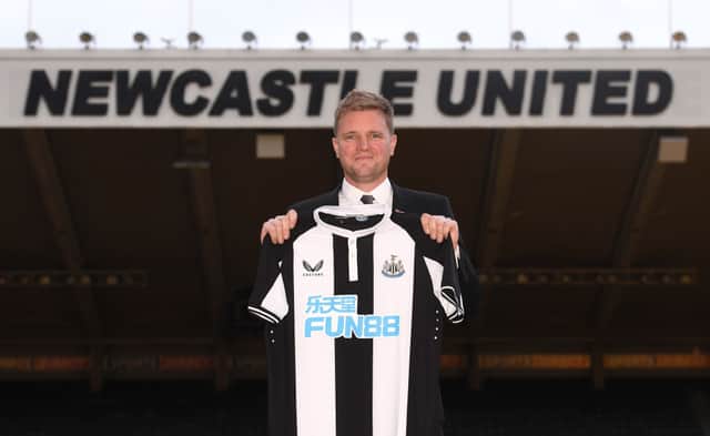 New Newcastle Head Coach Eddie Howe pictured with the club shirt at his unveiling press conference at St. James Park on November 10, 2021 in Newcastle upon Tyne, England. (Photo by Stu Forster/Getty Images)
