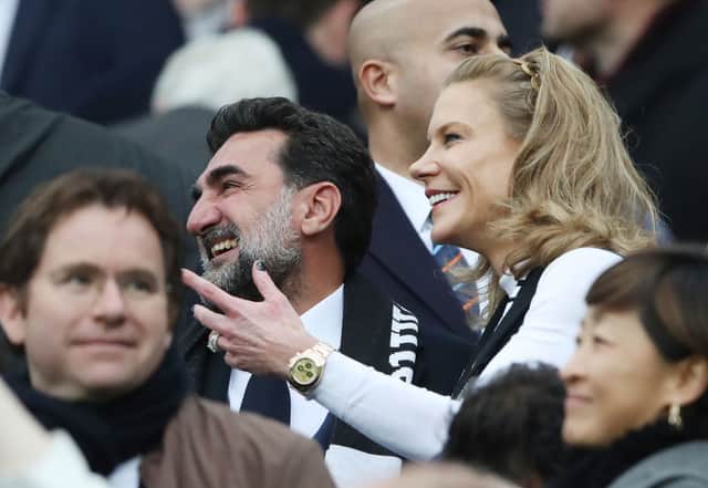 Chairman of Newcastle United, Yasir Al-Rumayyan and Amanda Staveley, Part-Owner of Newcastle United smile as they are introduced to the fans prior to the Premier League match between Newcastle United and Tottenham Hotspur at St. James Park on October 17, 2021 in Newcastle upon Tyne, England.