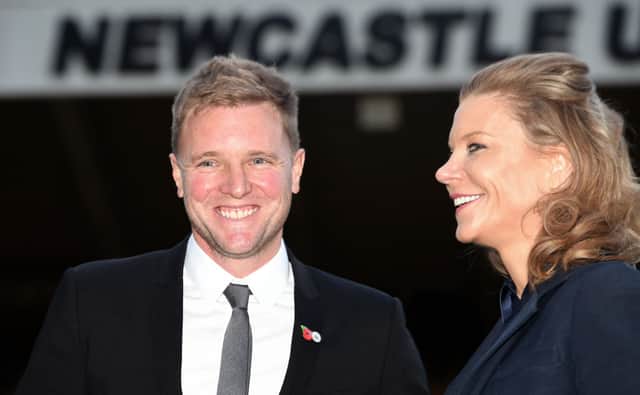 New Newcastle Head Coach Eddie Howe (c) pictured at his unveiling press conference with Director Amanda Staveley at St. James Park on November 10, 2021 in Newcastle upon Tyne, England. 