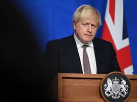 Prime Minister Boris Johnson addresses the media regarding the United Kingdom’s Covid-19 infection rate and vaccination campaign at Downing Street Briefing Room on November 15, 2021 in London, England. The prime minister and his advisers encouraged Britons to receive their Covid-19 vaccine booster when eligible.