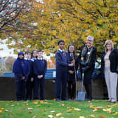 The Mayor of South Tyneside Cllr Pat Hay and Mayoress Mrs Jean Copp help Hadrian Primary School pupils plant a tree.