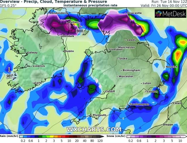 The purple section on this map denotes where and when WXCharts believe snow will arrive in Newcastle.