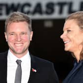 New Newcastle Head Coach Eddie Howe (c) pictured at his unveiling press conference with Director Amanda Staveley at St. James Park on November 10, 2021 in Newcastle upon Tyne, England.