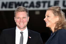 New Newcastle Head Coach Eddie Howe (c) pictured at his unveiling press conference with Director Amanda Staveley at St. James Park on November 10, 2021 in Newcastle upon Tyne, England.